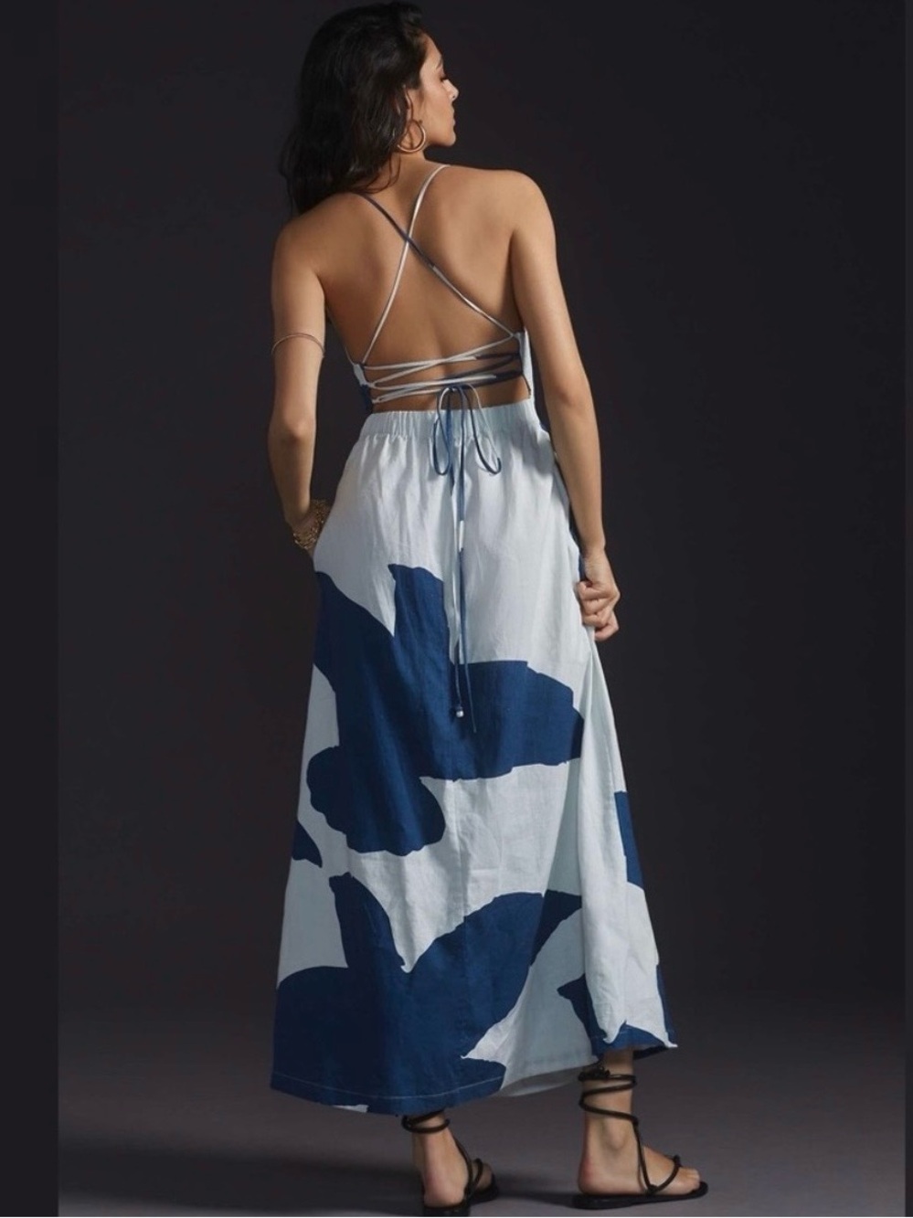 Anthropologie The Odells Sleeveless Blue & White V Neck Linen Blend Maxi Dress M - Picture 2 of 5